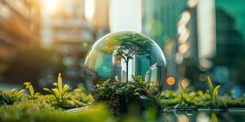 Globe ball with tree growing and green nature cityscape in metropolis city center City of green community and fresh air 