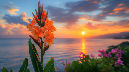 yellow canna flowers near the sea at sunset 