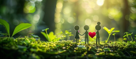 Stick figure family holding hands, with a heart symbol, set against a lush green forest background. Environmental, family and relationship concept, copy space.