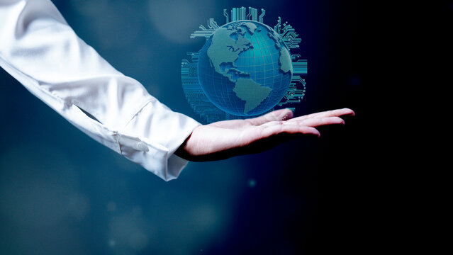 Global business and the Internet of Things  IoT involve businessmen joining hands through global networks against the backdrop of future technology.