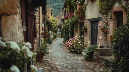 A winding alley in a European village lined with stone houses and blooming flowers.