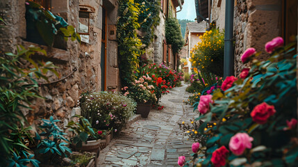 Naklejka premium A winding alley in a European village lined with stone houses and blooming flowers.