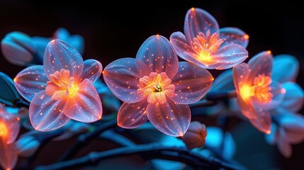   Close-up photo of flowers, illuminated by light in center of petals on flower stems
