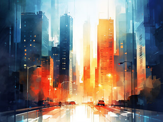 Cityscape on watercolor background, digitally painted