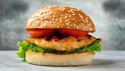 Indulge in Flavor: Grilled Chicken Burger with Crisp Lettuce, Tomato, and Sesame Seed Bun