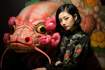 A woman is standing next to a statue of a fish. The scene blends art with reality, creating a visually captivating moment filled with fun and creativity