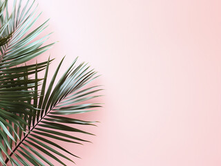 Fototapeta premium Top view of a summer scene: tropical palm leaves on pastel pink