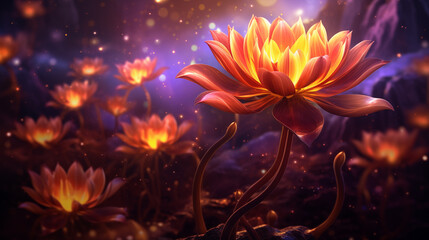 Fantastic lotus flower with sparkles on the surface of the water, glow effect. Symbolism of cosmic yoga. Atmospheric illustration. Symbolism of cosmic yoga. Atmospheric illustration. Generated AI