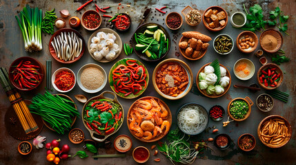A table full of food with many different types of food and spices