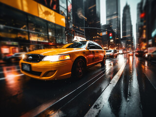 Fototapeta premium Nighttime scene in NYC with blurred street and taxi lights, creating bokeh