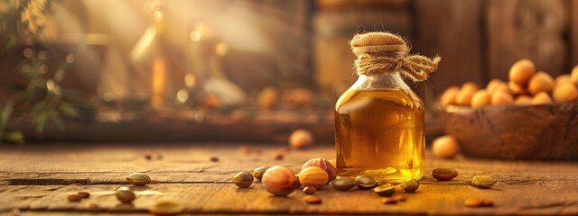 Argan essential oil close-up. Selective focus