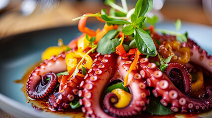 Delicious salad with seafood, octopus with vegetables in a plate