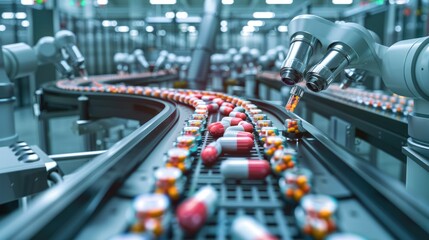 tablets on the conveyor. Selective focus