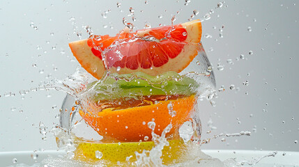 A glass of water with a slice of orange and a slice of apple floating on top