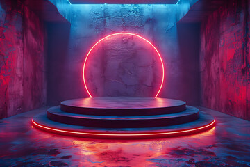 Modern and adaptable, the 3D podium with a striking neon effect creates a futuristic and vibrant image, perfect for displaying products or awards in a contemporary setting