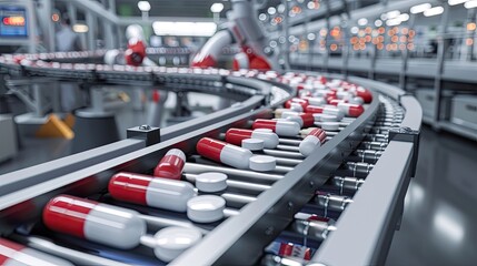 tablets on the conveyor. Selective focus