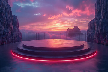 Modern and adaptable, the 3D podium with a striking neon effect creates a futuristic and vibrant image, perfect for displaying products or awards in a contemporary setting