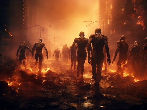 Zombies stagger through flames in a cityscape painting