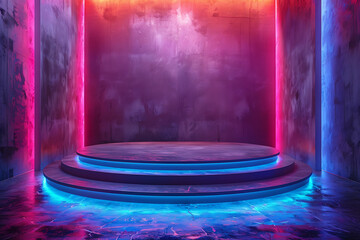 Modern and adaptable, the 3D podium with a striking neon effect creates a futuristic and vibrant image, perfect for displaying products or awards in a contemporary setting