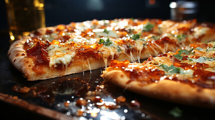 Pizza with mozzarella cheese on dark background close up - Powered by Adobe