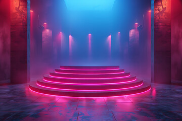 Modern and adaptable, the 3D podium with a striking neon effect creates a futuristic and vibrant image, perfect for displaying products or awards in a contemporary setting