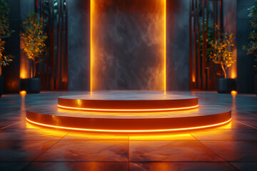 Modern and adaptable, the 3D podium with a striking neon effect creates a futuristic and vibrant image, perfect for displaying products or awards in a contemporary setting