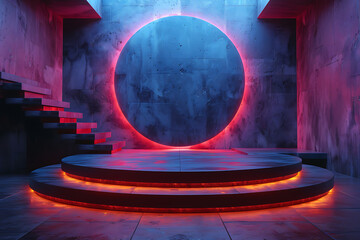 Modern and adaptable, the 3D podium with a striking neon effect creates a futuristic and vibrant image, perfect for displaying products or awards in a contemporary setting