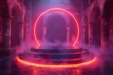 Modern and adaptable, the 3D podium with a striking neon effect creates a futuristic and vibrant image, perfect for displaying products or awards in a contemporary setting