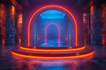 Modern and adaptable, the 3D podium with a striking neon effect creates a futuristic and vibrant image, perfect for displaying products or awards in a contemporary setting