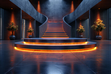 Modern and adaptable, the 3D podium with a striking neon effect creates a futuristic and vibrant image, perfect for displaying products or awards in a contemporary setting