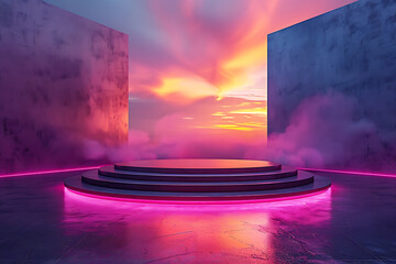 Modern and adaptable, the 3D podium with a striking neon effect creates a futuristic and vibrant image, perfect for displaying products or awards in a contemporary setting