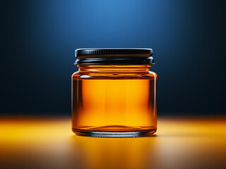 Glass jar with cap captured in closeup on orange surface