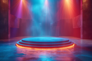 Obraz premium Modern and adaptable, the 3D podium with a striking neon effect creates a futuristic and vibrant image, perfect for displaying products or awards in a contemporary setting
