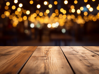 Wooden table foregrounds abstract, blurred restaurant lights