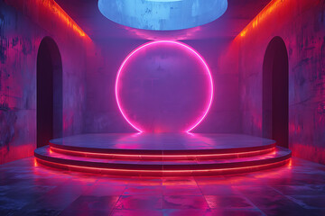 Modern and adaptable, the 3D podium with a striking neon effect creates a futuristic and vibrant image, perfect for displaying products or awards in a contemporary setting