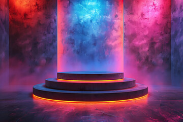 Modern and adaptable, the 3D podium with a striking neon effect creates a futuristic and vibrant image, perfect for displaying products or awards in a contemporary setting