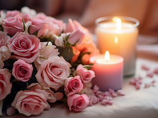 Obraz premium Dinner table adorned with pink flowers and candles