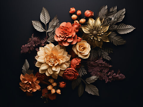 Vibrant bouquet pops against a black background in flat lay