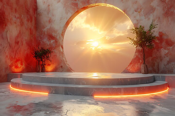 Modern and adaptable, the 3D podium with a striking neon effect creates a futuristic and vibrant image, perfect for displaying products or awards in a contemporary setting