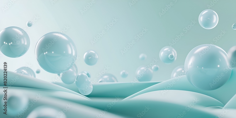 Poster 3d render of turquoise spheres floating in the air, creating an abstract background with soft shapes