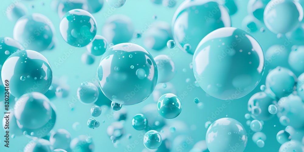 Poster 3d render of turquoise spheres floating in the air, creating an abstract background with soft shapes