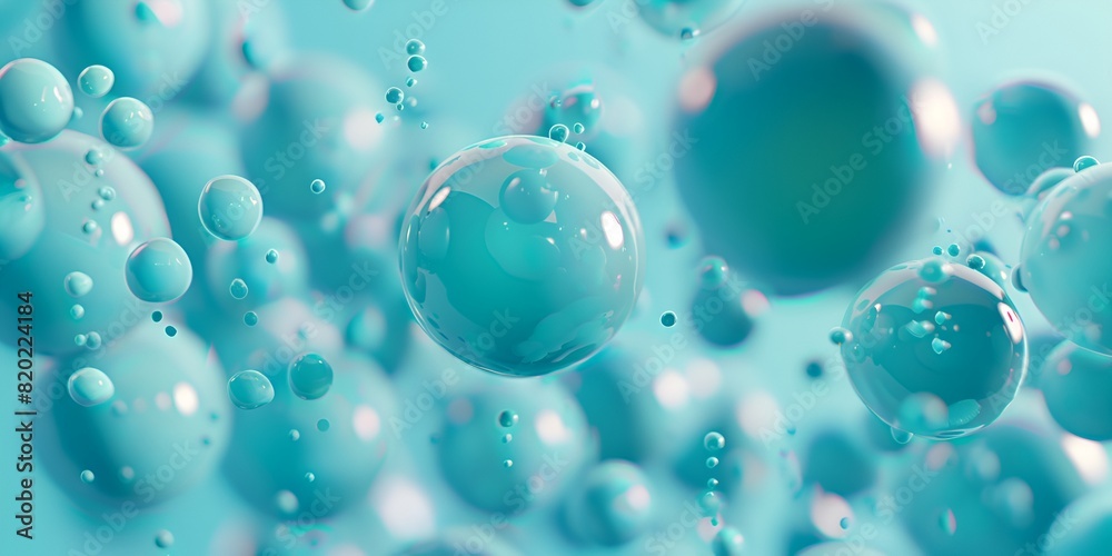 Poster 3d render of turquoise spheres floating in the air, creating an abstract background with soft shapes