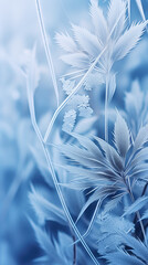 Elegant background of frozen leaves in ice. Delicate texture. Frosty beautiful natural winter or spring background. Concept of cryotherapy for skin care.