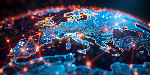 Digital world globe centered on Europe, concept of global network and connectivity on Earth, data transfer and cyber technology, information exchange and international telecommunication