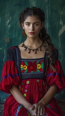 Fototapeta premium A Hispanic woman wearing a red dress sitting down