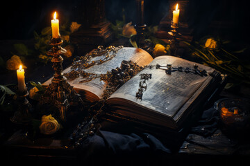 An open book rests on a table alongside a rosary and candles, creating an atmosphere of warmth and serenity in the room. The flickering flames illuminate the space with a soft, inviting glow