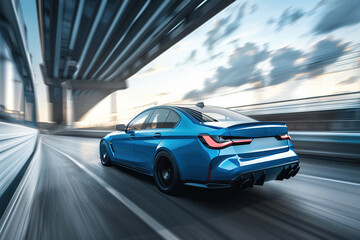 Fototapeta na wymiar Blue car on high speed with motion blur.