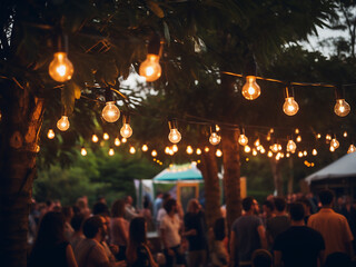 A festive crowd fills a garden at night, their presence blurred against hanging lights