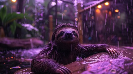 Fototapeta premium A sloth lounging in a water pool with its limbs on the edge