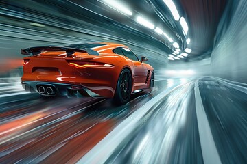 Obraz premium Orange car on high speed with motion blur.